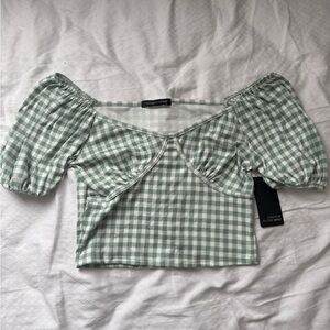 Caution To The Wind Sage Checkered Puff Sleeve Blouse